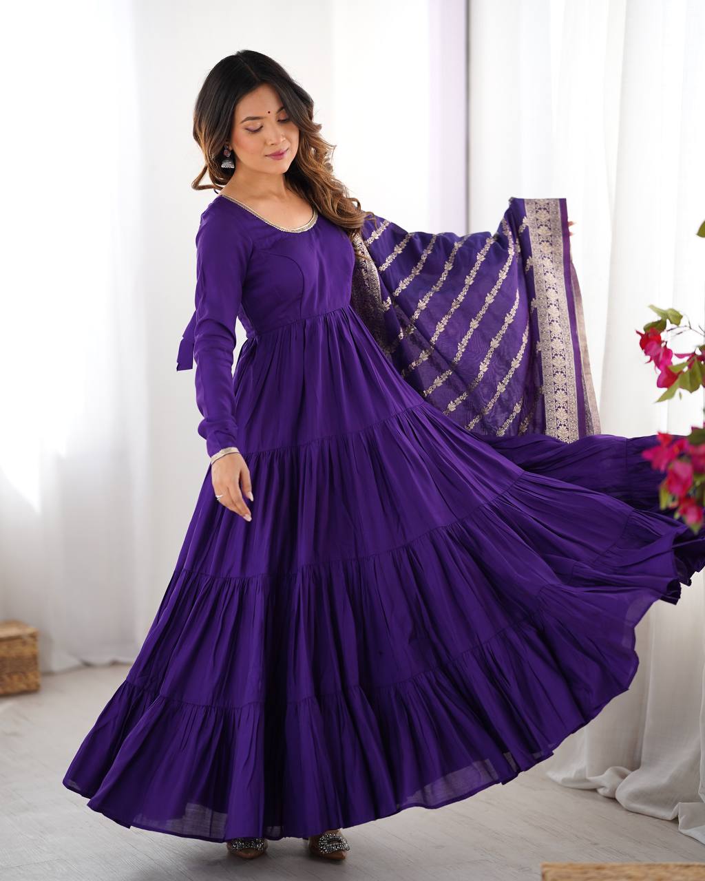 Ashika Roman Silk Flared Purple Anarkali Suit