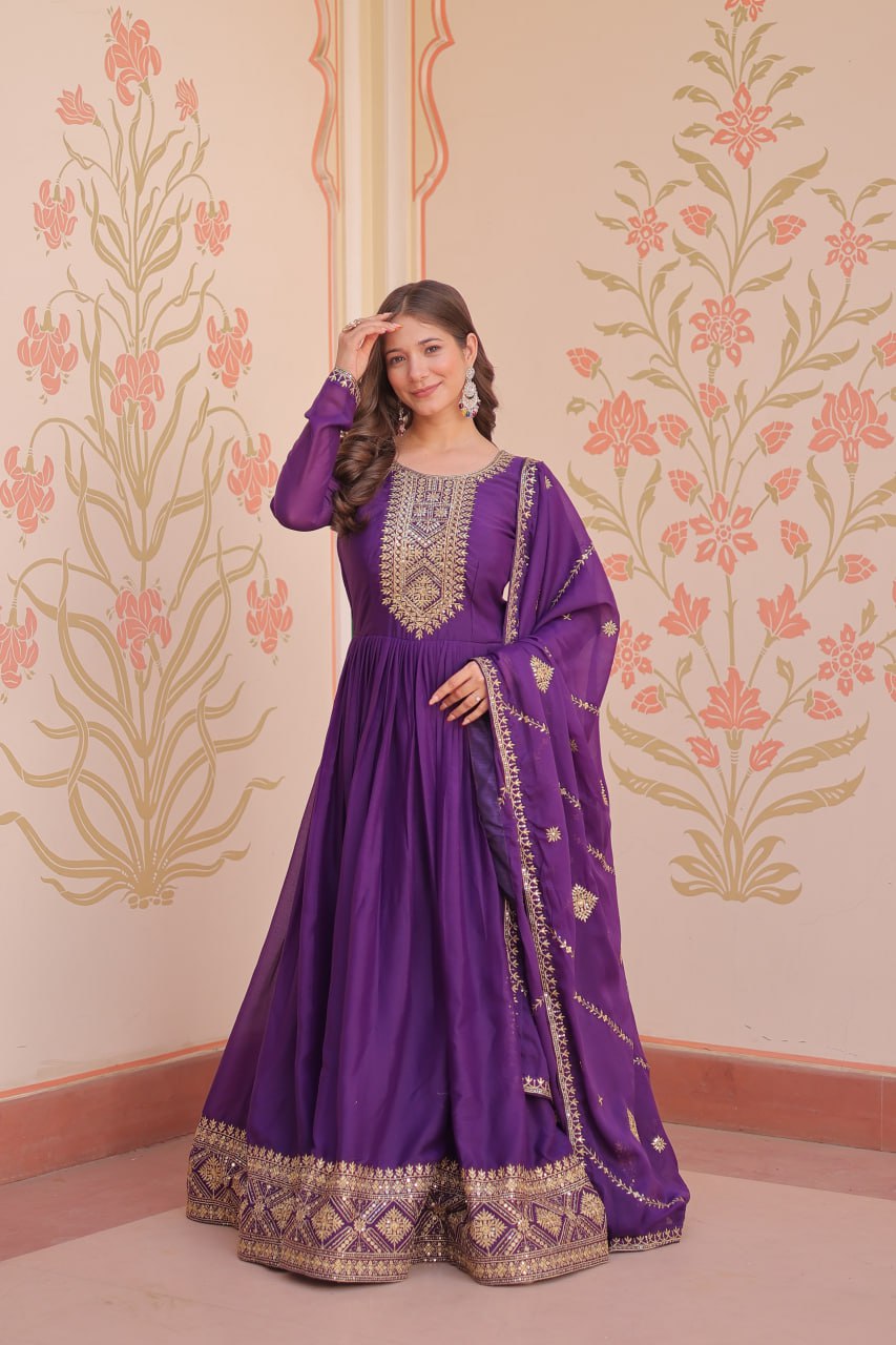 Purple Color Star Georgette Zari Sequins Embroidered Gown with Dupatta