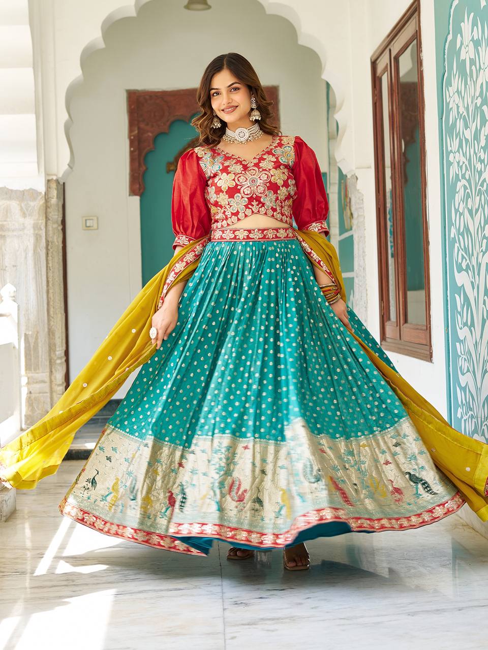 Multicolour silk lehenga choli set with heavy embroidery, sequin, and cording work; includes stitched shimmer lehenga, fully stitched mono silk choli, and embroidered georgette dupatta – perfect for weddings and festive occasions