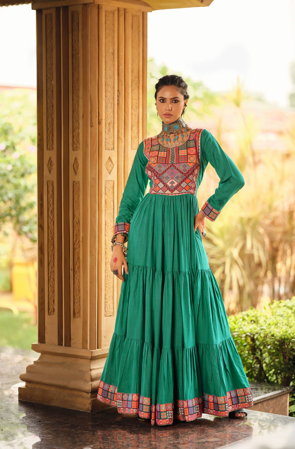 Emerald Green Pure Rayon Gamthi Jacquard Weaving Lace Border Three Layer Ruffle Flair Gown