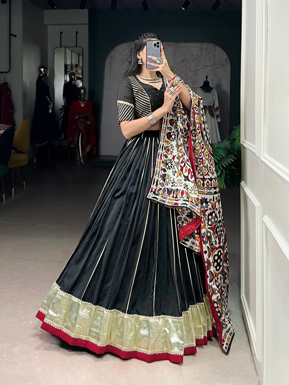 Black Chanderi Zari Weaving and Embossed Lace Lehenga Choli