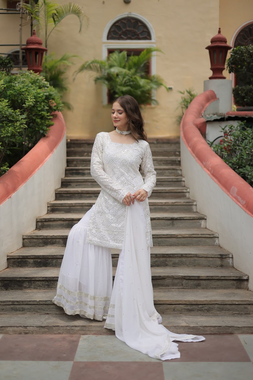 Lavya White Georgette Embroidered Kurti Sharara Set