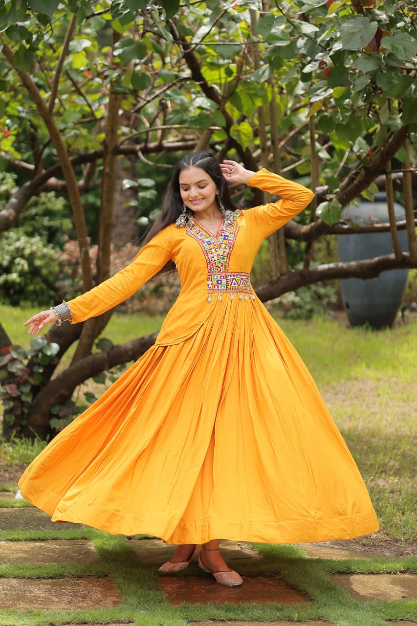 Misty Yellow Rayon Kutchi Gamthi Work Navratri Gown