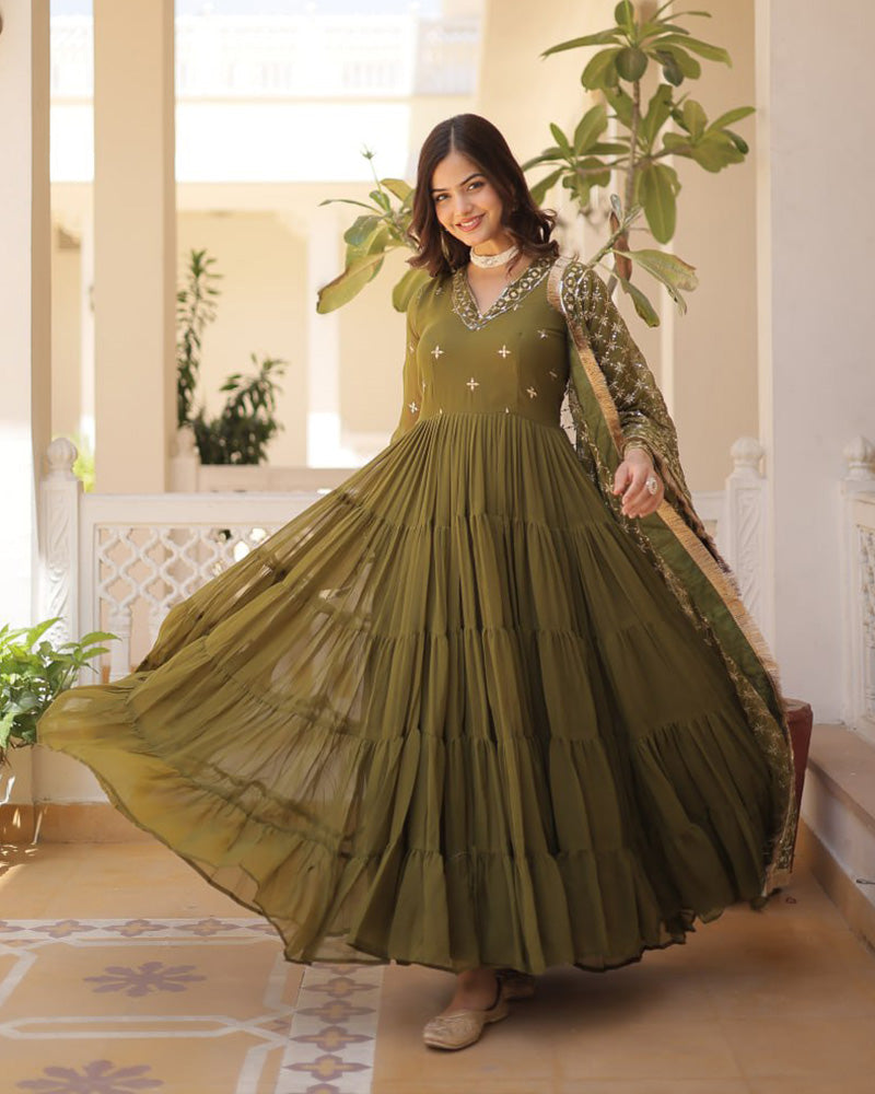 Ridhika mehendi green georgette anarkali gown suit set