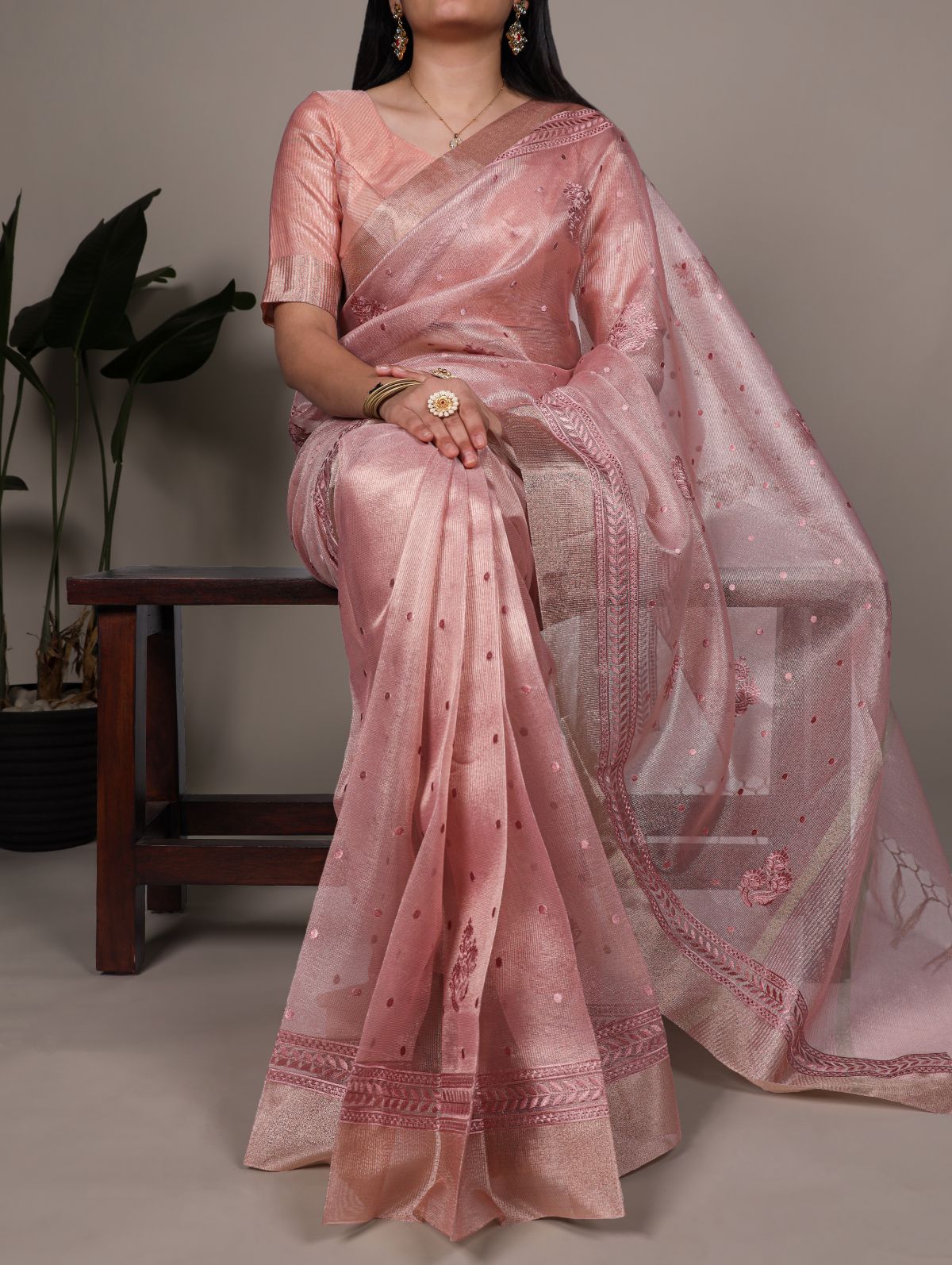 Light Pink Color Poly Shimmer Thread Embroidered Saree with Unstitched Blouse