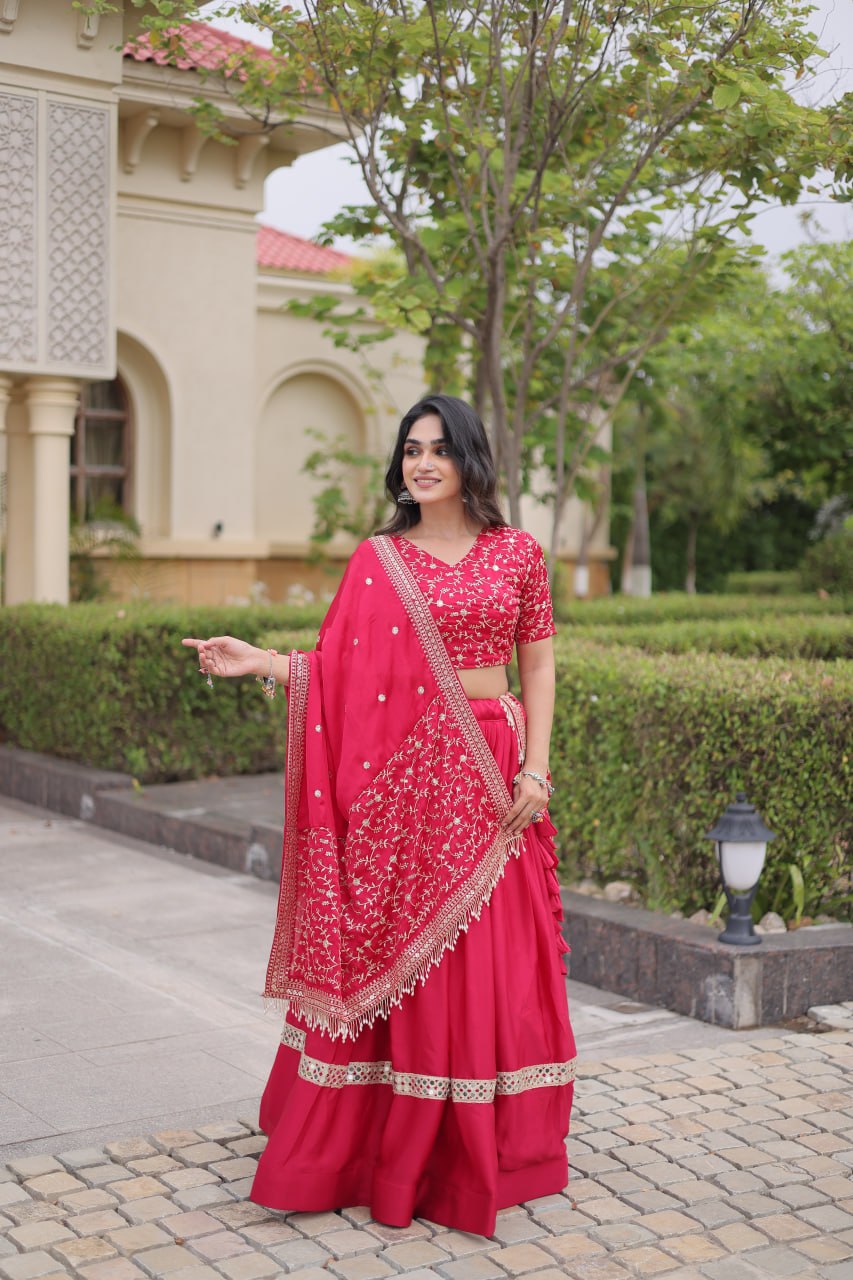 Subhadra Pink Glory Satin Embroidery Zari Sequins Lehenga