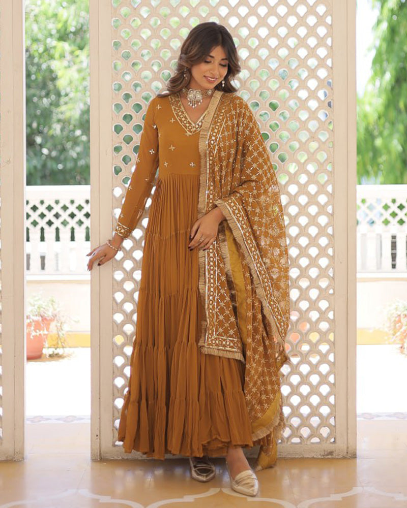 Ridhika mustard yellow georgette anarkali gown suit set