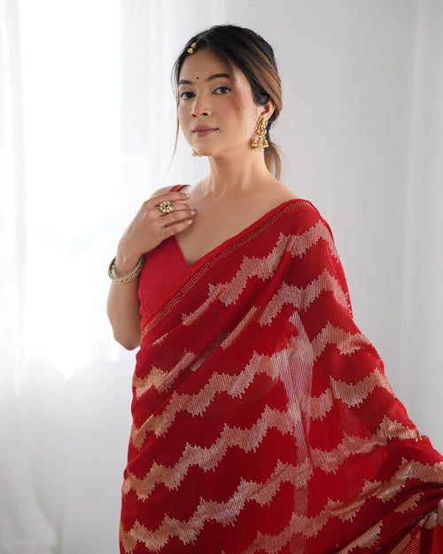 Red georgette saree with sequin & Seroski diamond work, bridal party wear saree with satin blouse, designer ethnic wear by Trinaari for weddings.