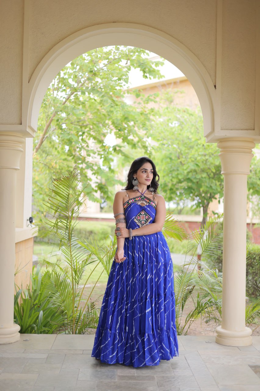 Bhavna Blue Faux Georgette Laheriya Kutchi Patchework Gown