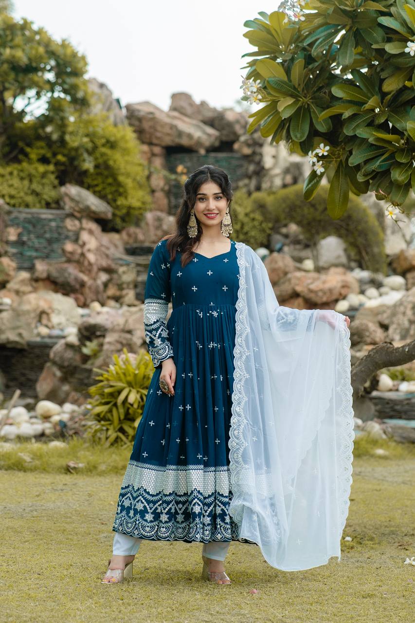 Nivriti Blue Georgette Embroidery Anarkali Suit Set