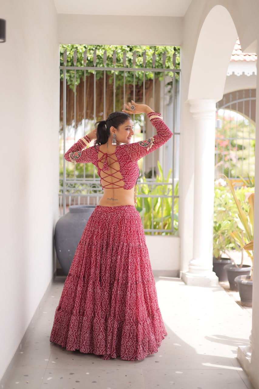 Anjali Brown Faux Georgette Bandhani Kutchi Patchework Lehenga