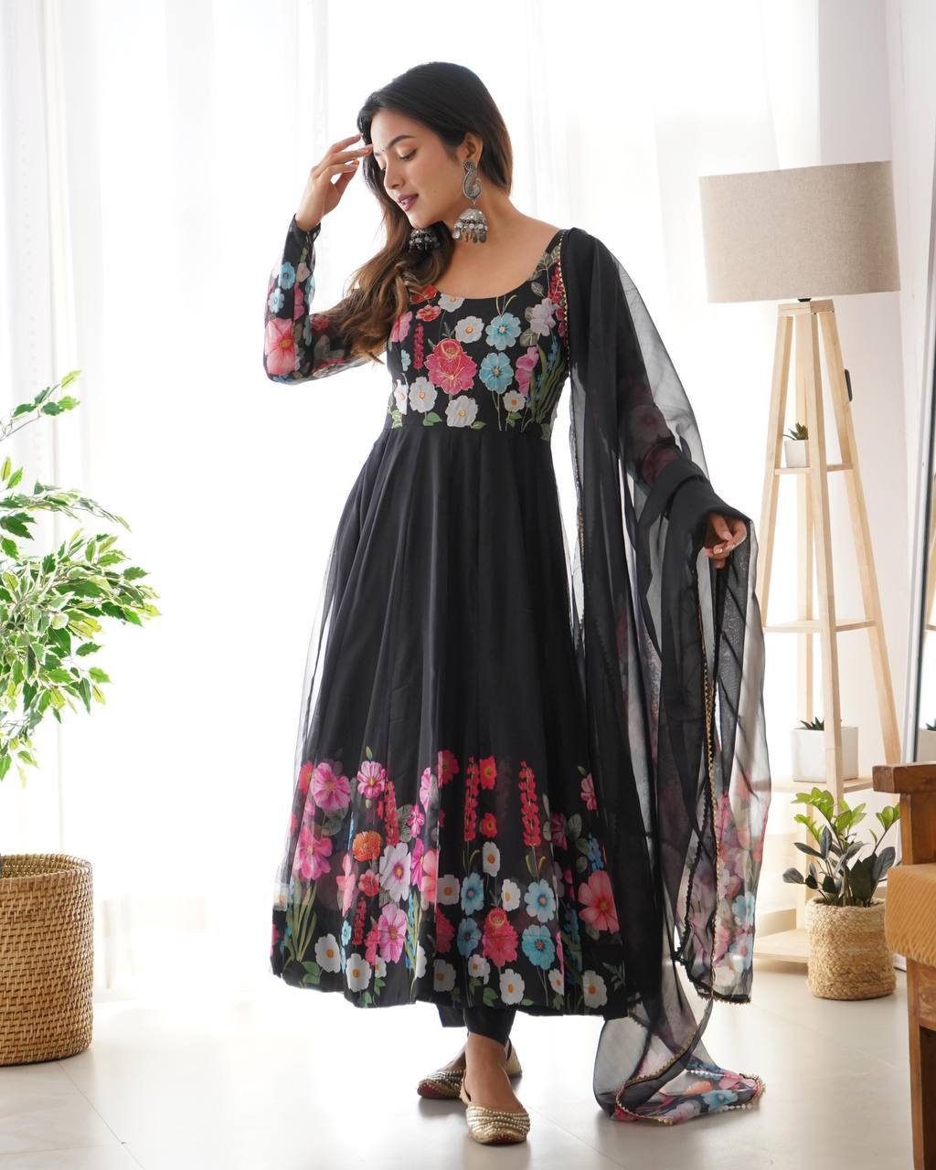 Darshika black organza floral printed anarkali suit set