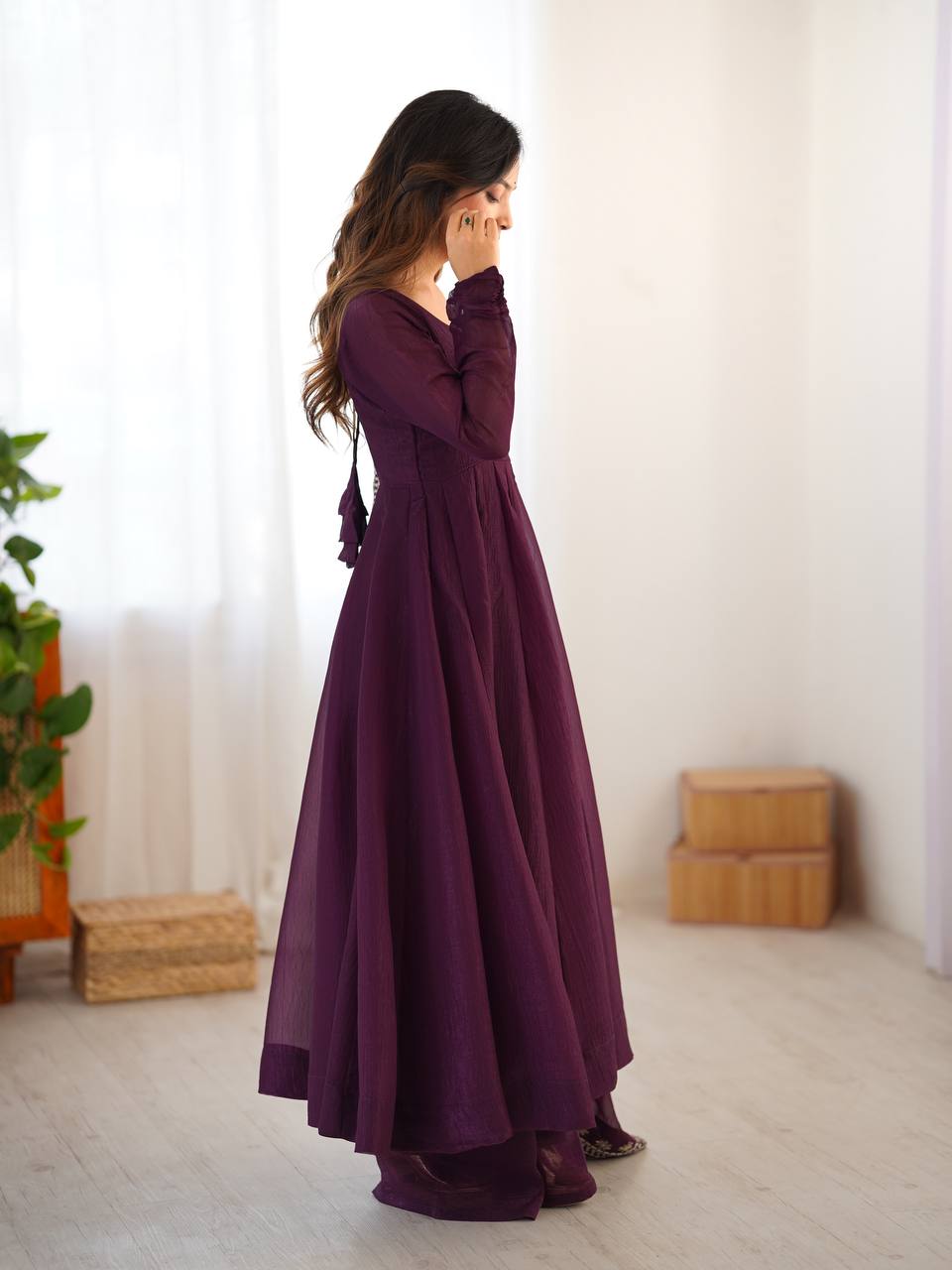 Tiya purple Fandy Silk Anarkali suit with 4.5-meter flair, full sleeves & embroidered dupatta – stitched & ready for weddings, parties & festive wear.