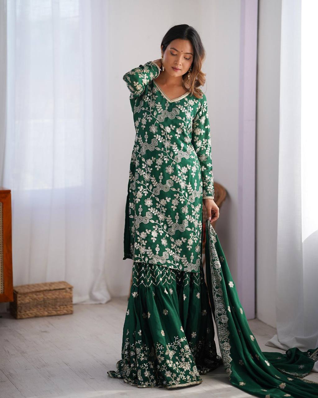 Agnija Green Chinon Silk Sharara Set