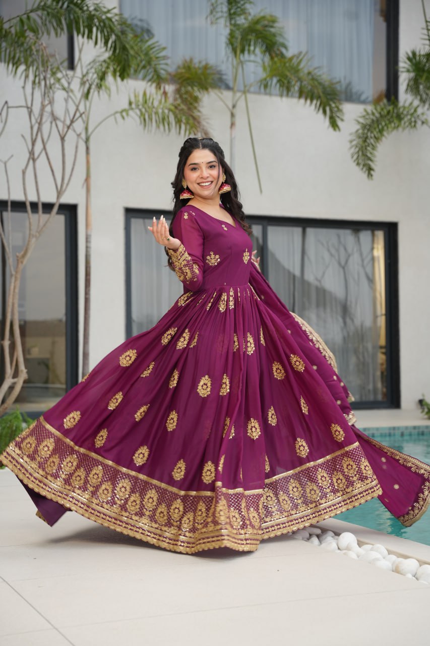 Rudrika Purple Embroidered Gown in soft Star Georgette with intricate zari and sequin work, full-length 56-inch flare gown with matching embroidered dupatta, elegant pan neck design, perfect for weddings and festive occasions