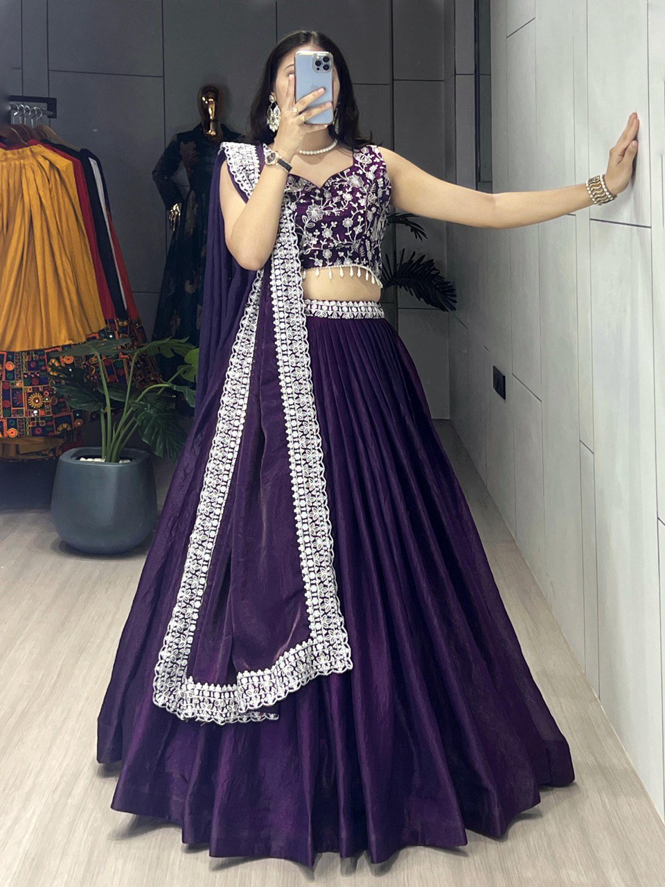 Tara Deep Purple Fendy Satin Silk Embroidered Lehenga Choli