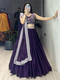 Tara Deep Purple Fendy Satin Silk Embroidered Lehenga Choli