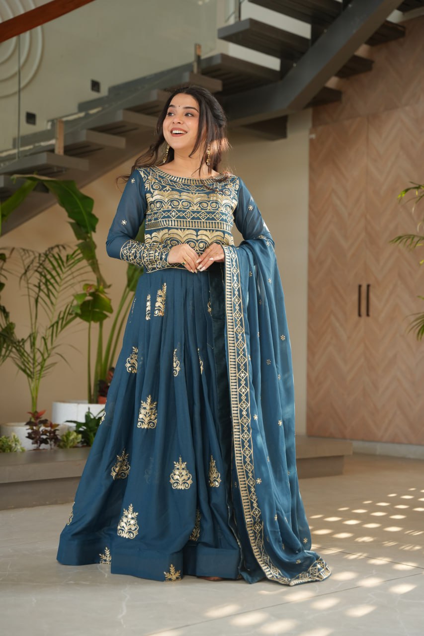 Teal Blue Chinnon Embroidered Gown with Sequins Work and Dupatta