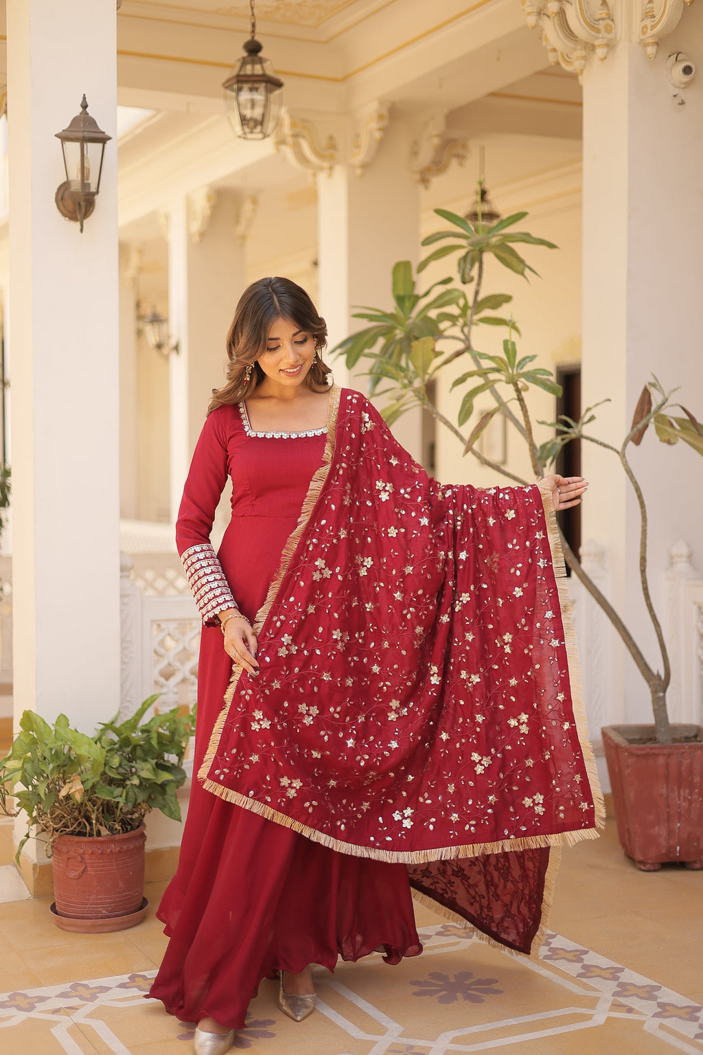 Aparajita Maroon Vichitra Silk Anarkali Gown Set