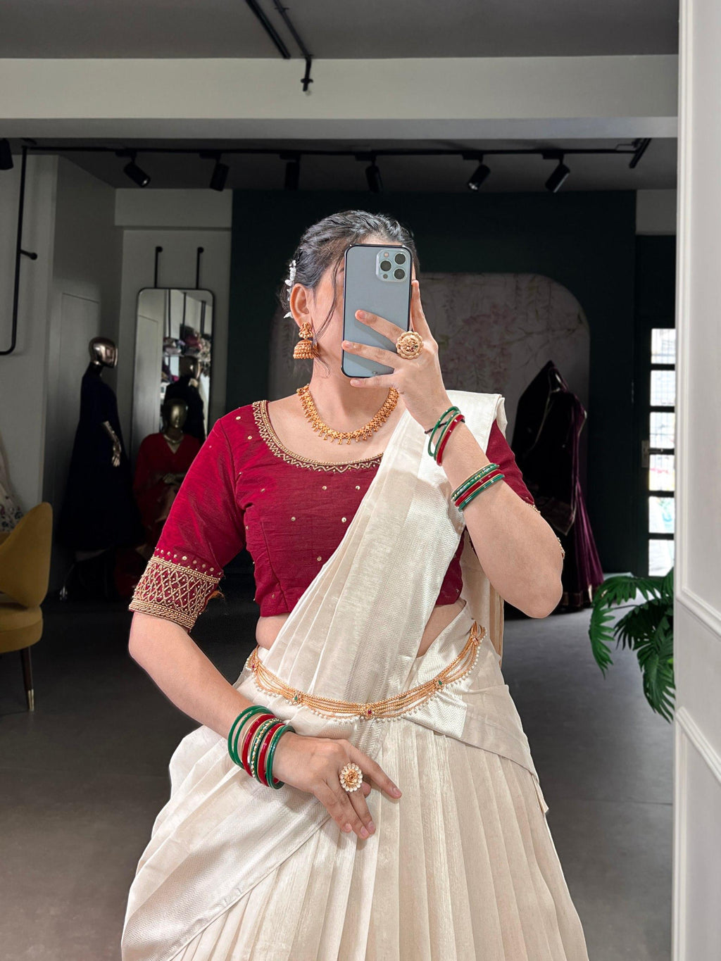 Off White Poly Tasar Viscose Border and Bead Work Traditional Lehenga Choli