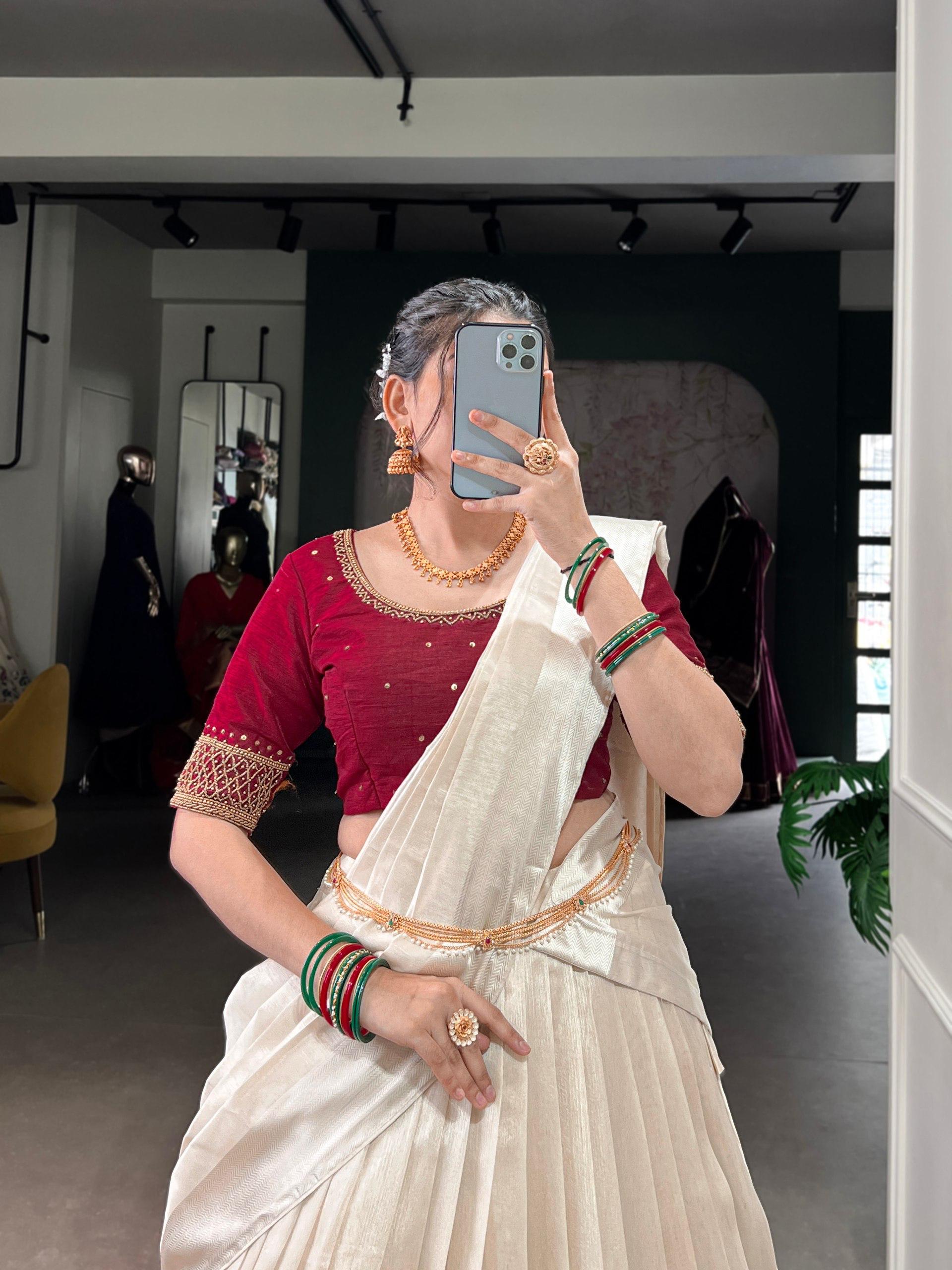 Off White Poly Tasar Viscose Border and Bead Work Traditional Lehenga Choli