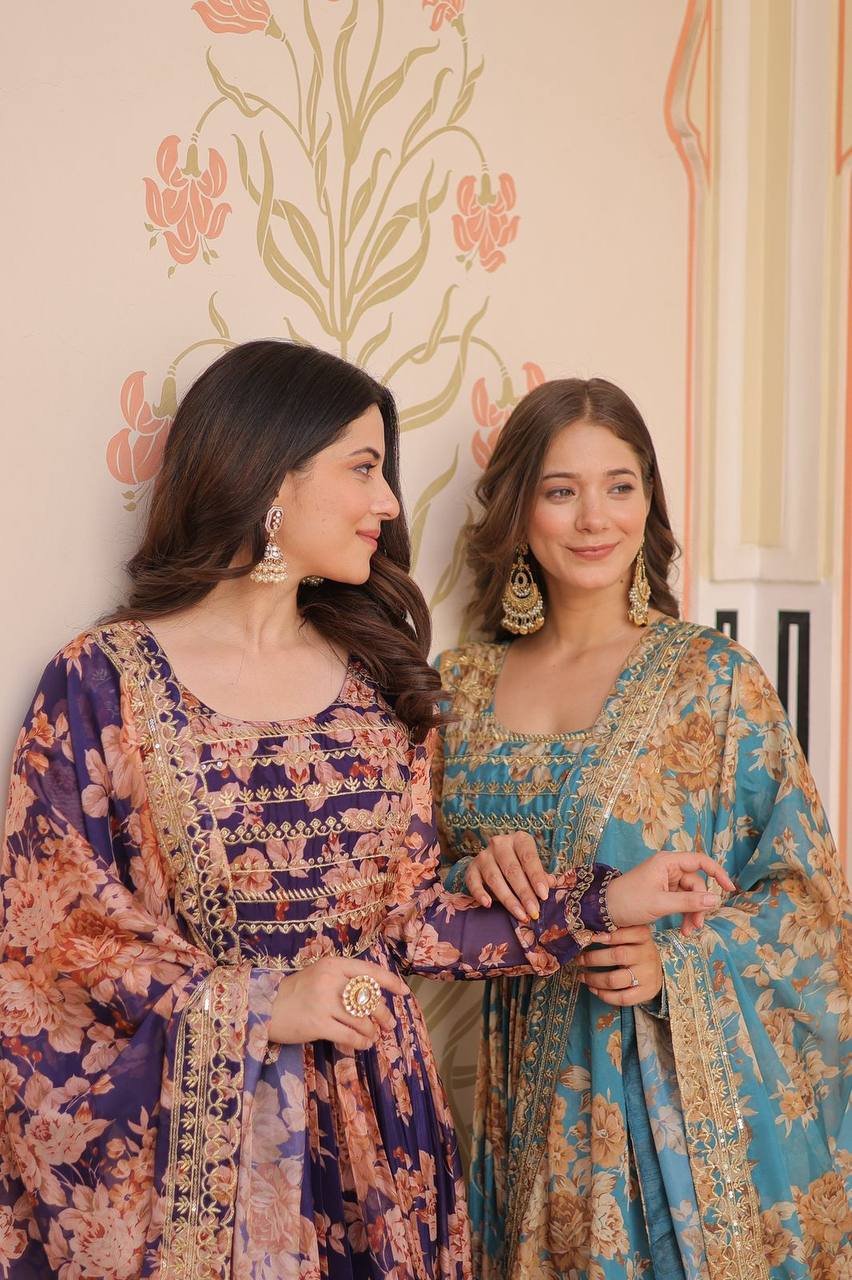 Purple Russian Silk Print Embroidered Sequins Work Gown with Dupatta