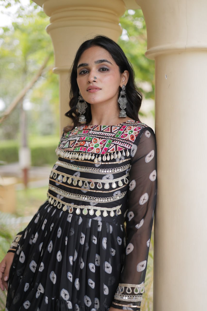 Lavanya Black Faux Georgette Bandhani Kutchi Patchwork Gown