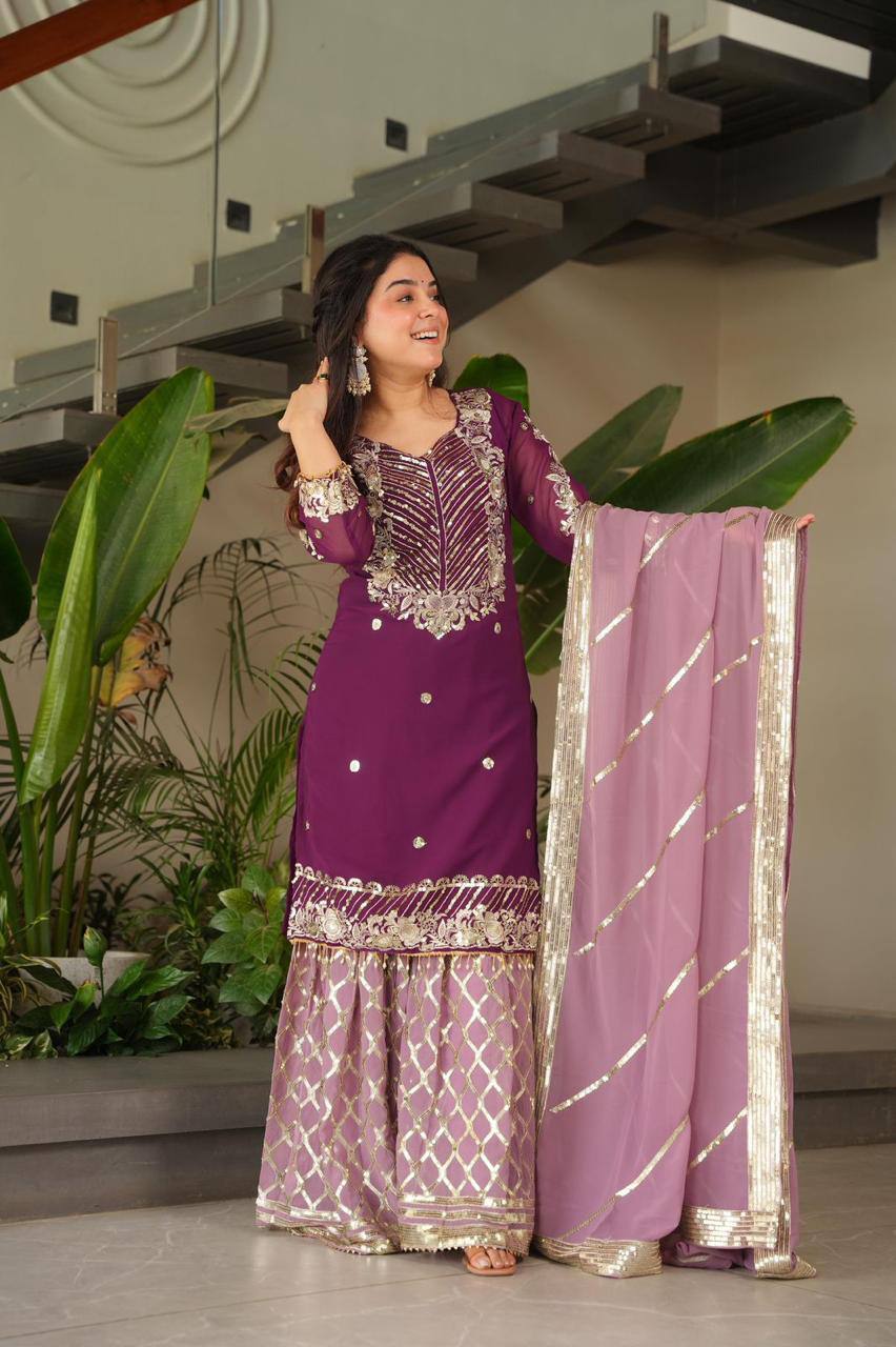 Purple Color Fox Georgette Embroidered Heavy Sequence Work Kurti Palazzo Set