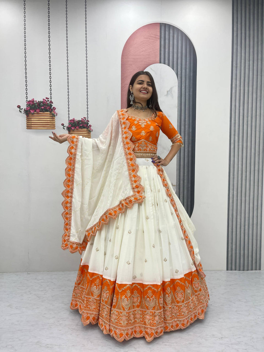 Orange chinon heavy embroidery lehenga choli with dupatta