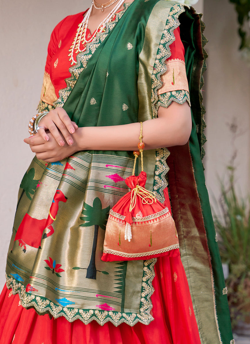 Red Jacquard Silk Paithani Lehenga Choli with Dupatta & Batwa