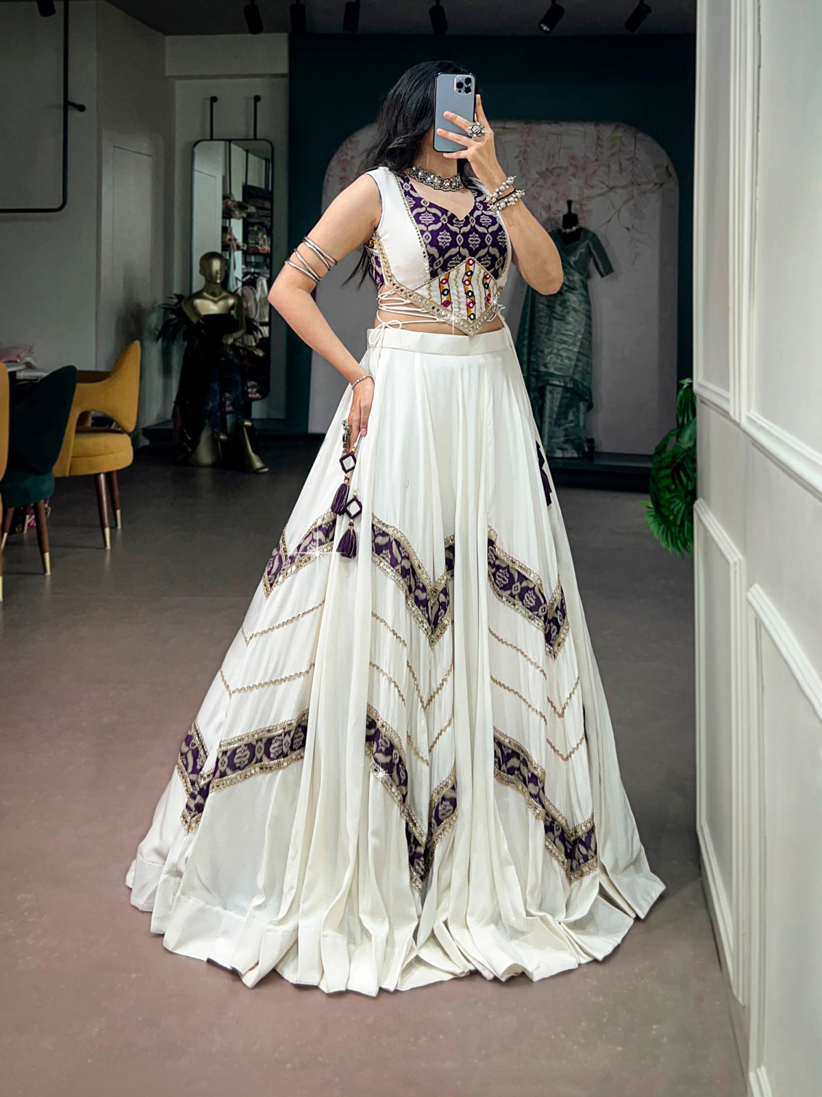 Ishani White Rayon Heritage Print Gamthi Mirror Lehenga