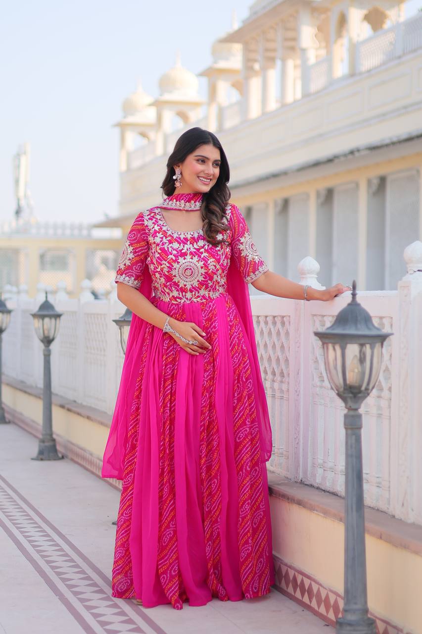 Saanvi Pure Bandhej Georgette Embroidered Gown Set