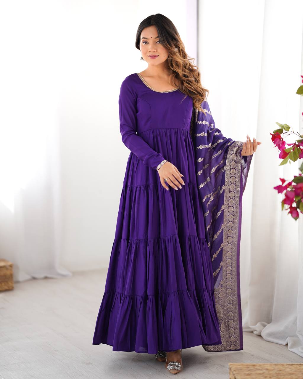 Ashika Roman Silk Flared Purple Anarkali Suit