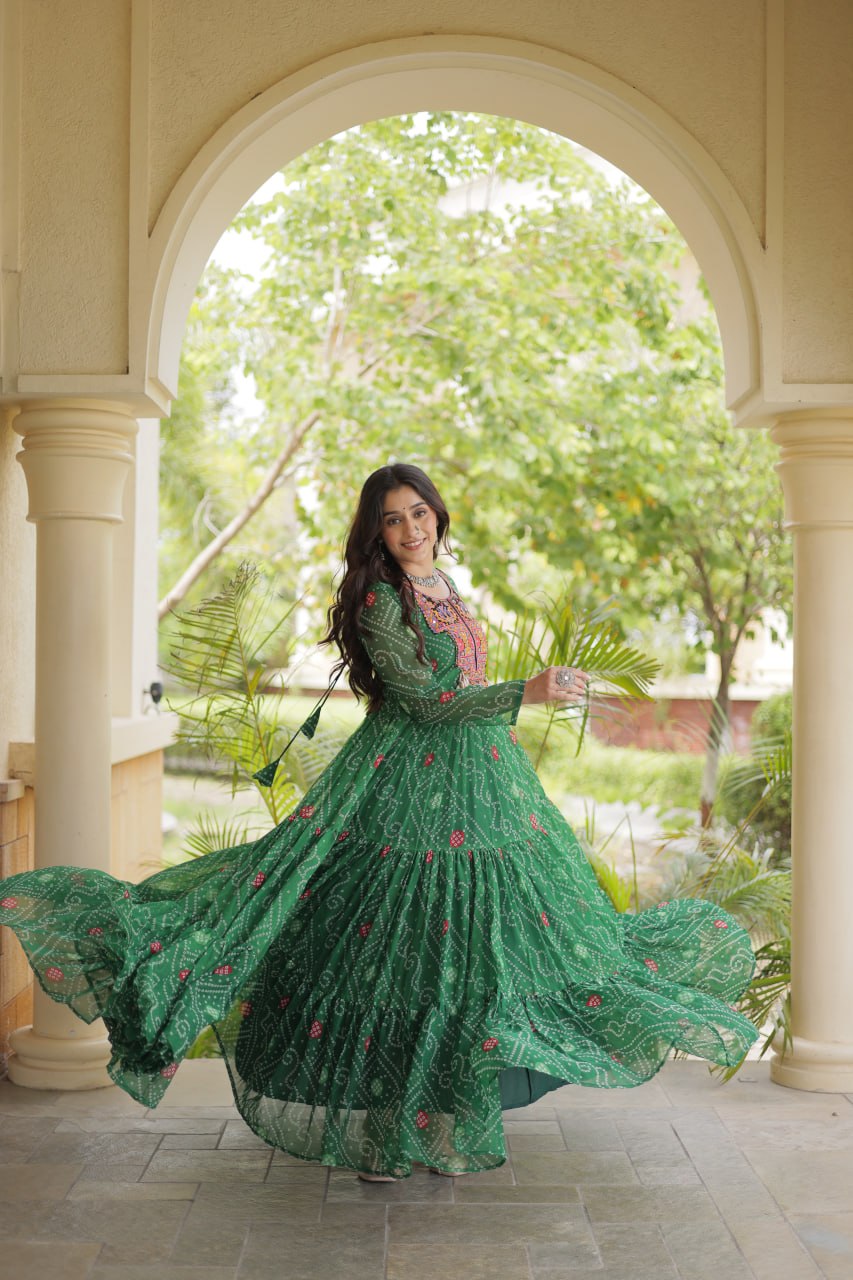 Ira Green Faux Georgette Bandhani Kutchi Patchwork Gown