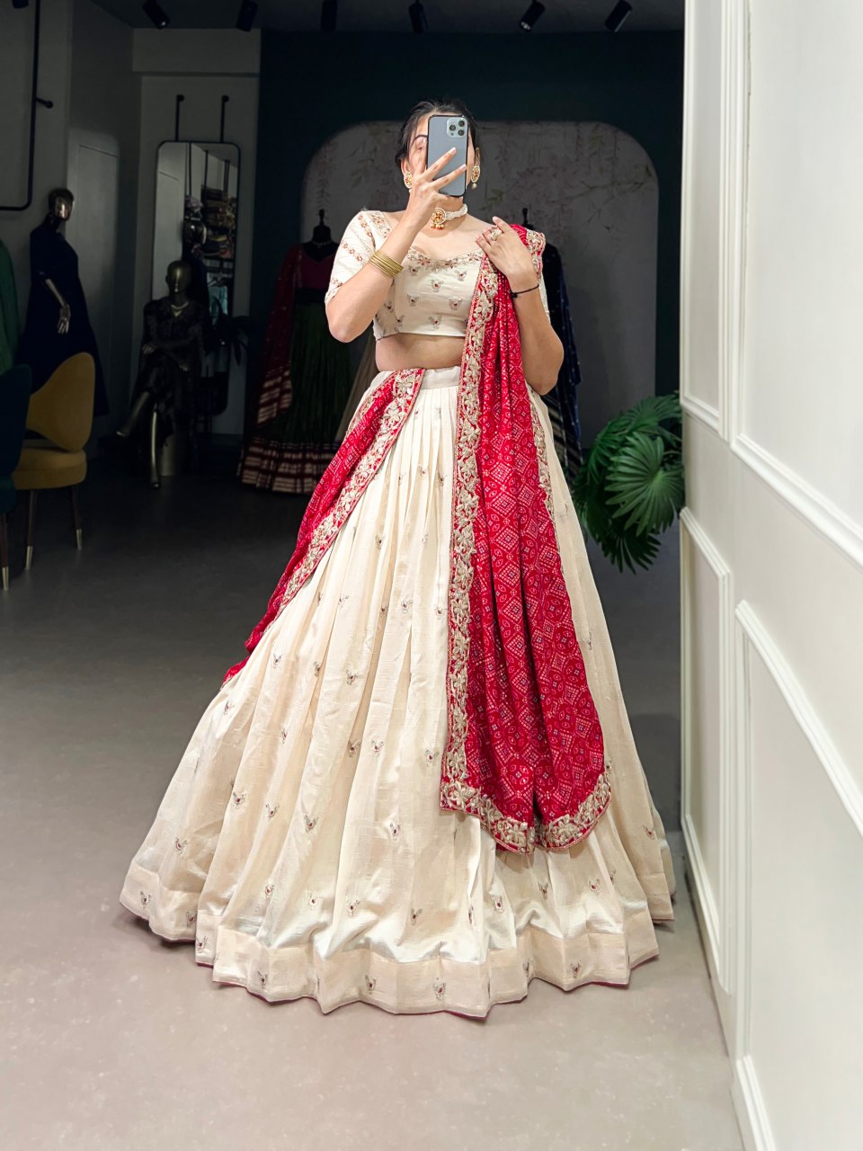Off-white Vichitra silk embroidered lehenga choli with Bandhej dupatta