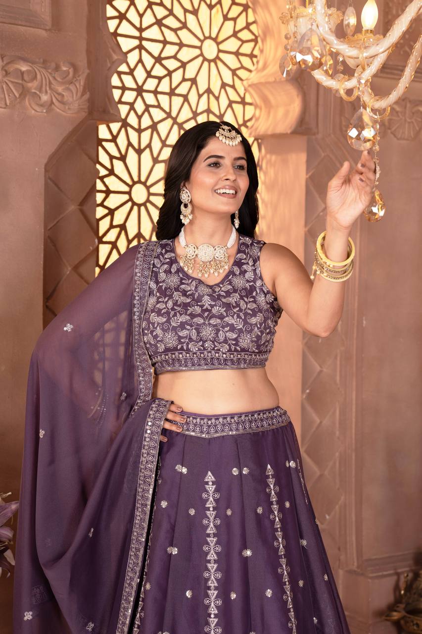 Purple star georgette sequins embroidered lehenga choli with dupatta