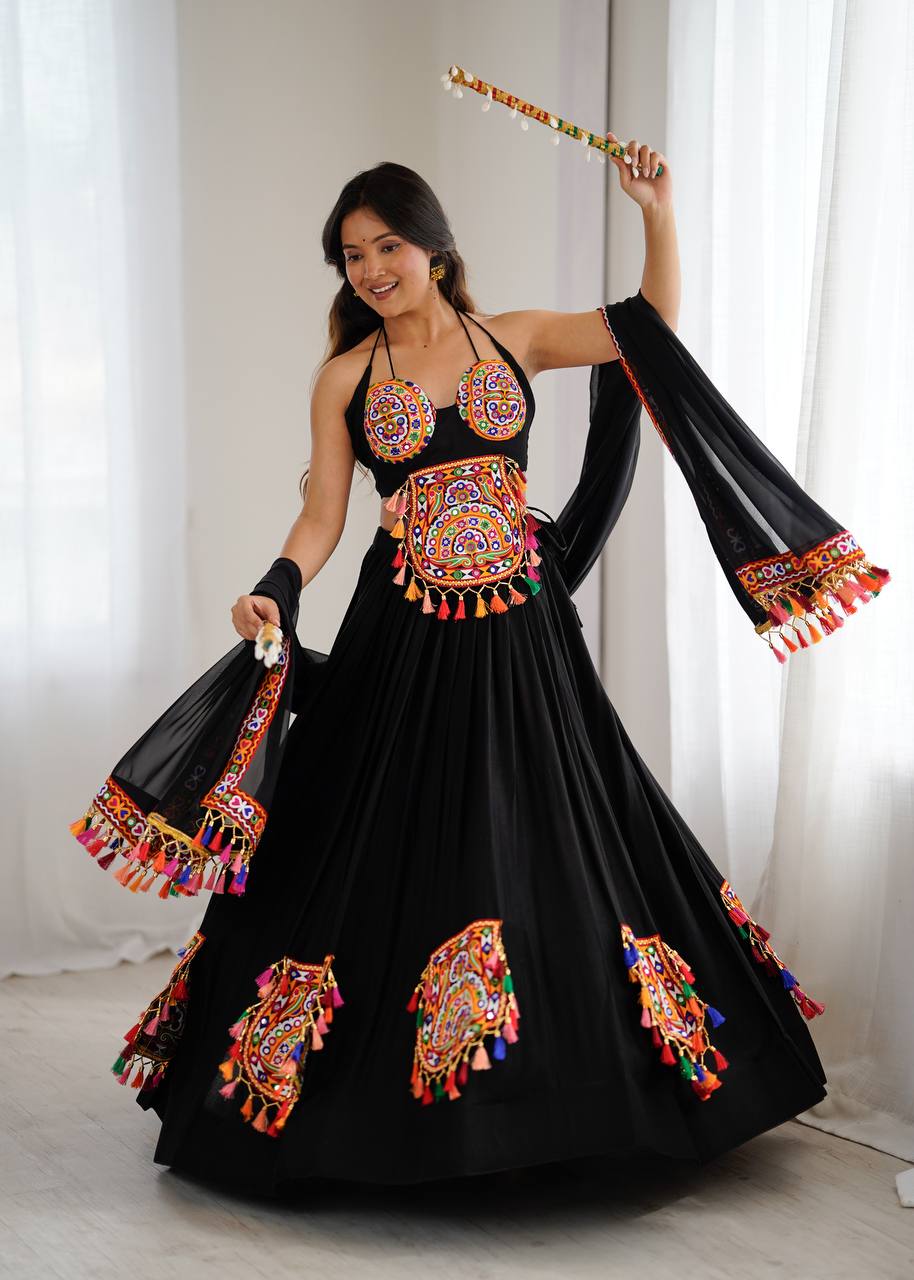 Black Rayon Gamthi Thread Mirror Work Navratri Lehenga Choli with Dupatta