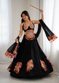 Black Rayon Gamthi Thread Mirror Work Navratri Lehenga Choli with Dupatta