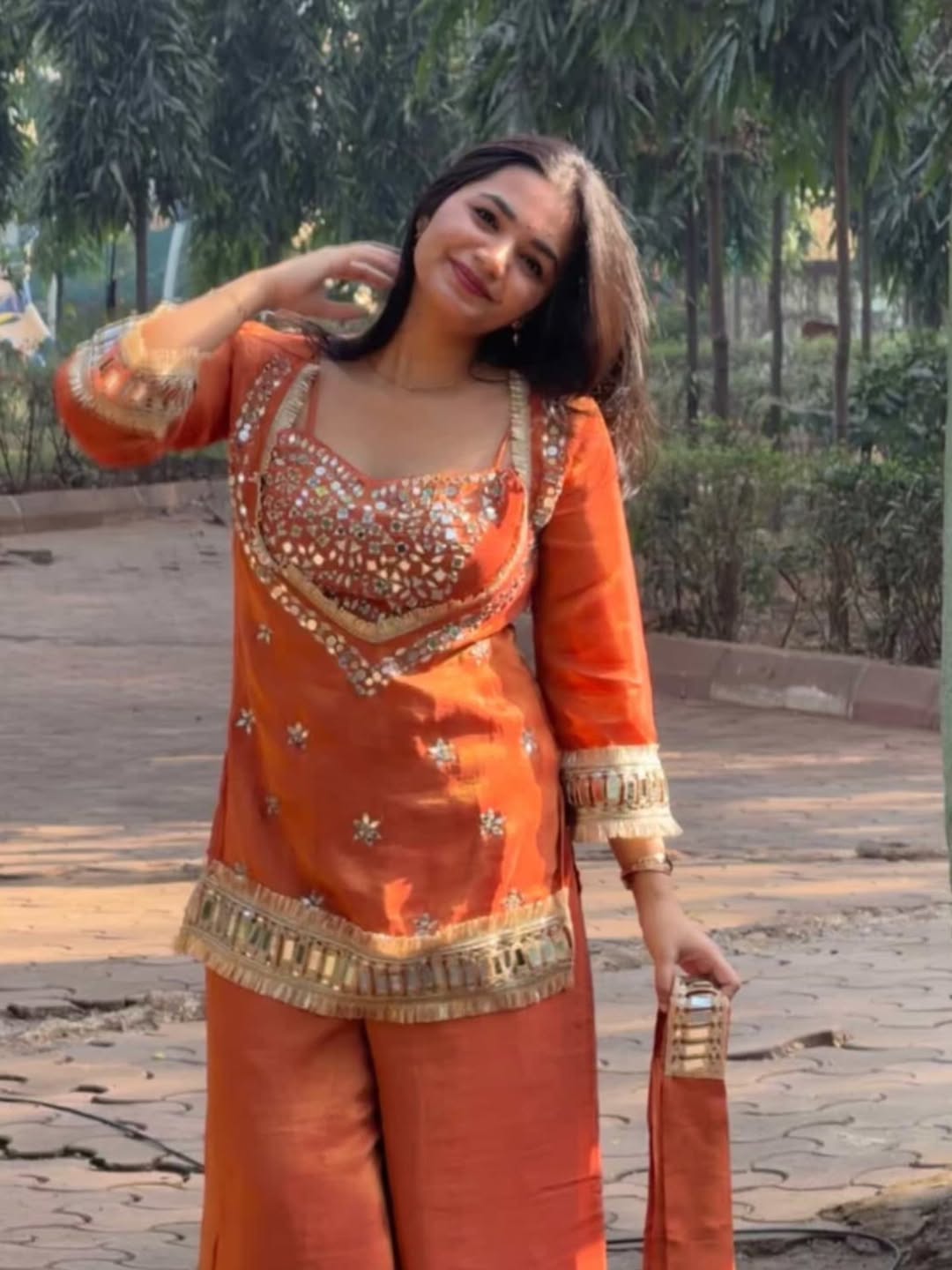 Suhani Orange Fendy Silk Real Mirror Work with Lace Border Kurti Sharara Set