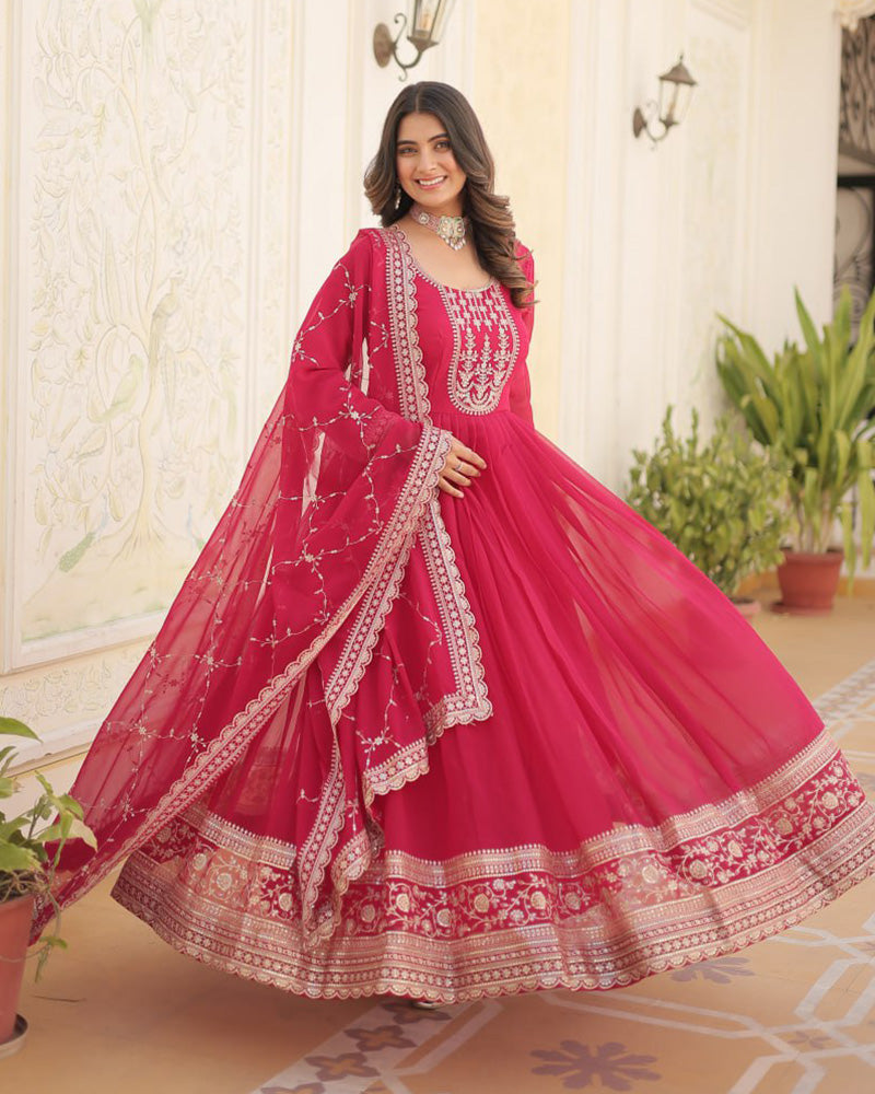 Vasundhara faux blooming pink anarkali gown suit set