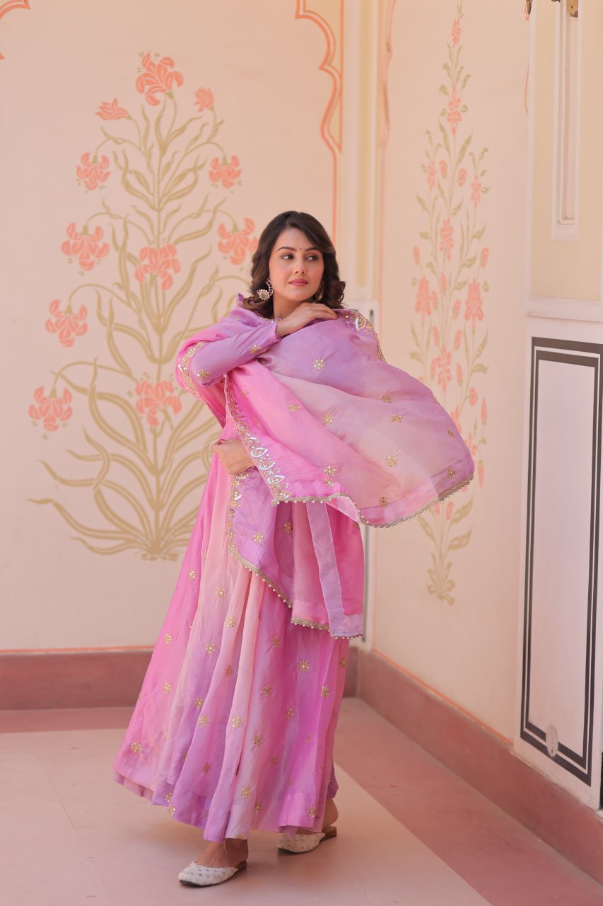 Pink Organza Flair Sequins Zari Embroidery Gown with Dupatta