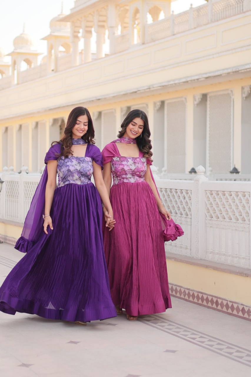 Shanta chinon purple printed anarkali gown set