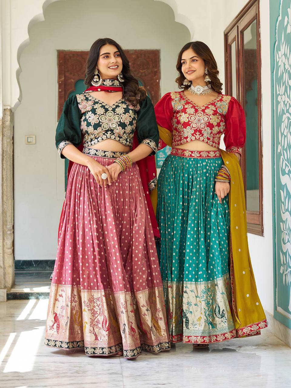 Multicolour silk lehenga choli set with heavy embroidery, sequin, and cording work; includes stitched shimmer lehenga, fully stitched mono silk choli, and embroidered georgette dupatta – perfect for weddings and festive occasions