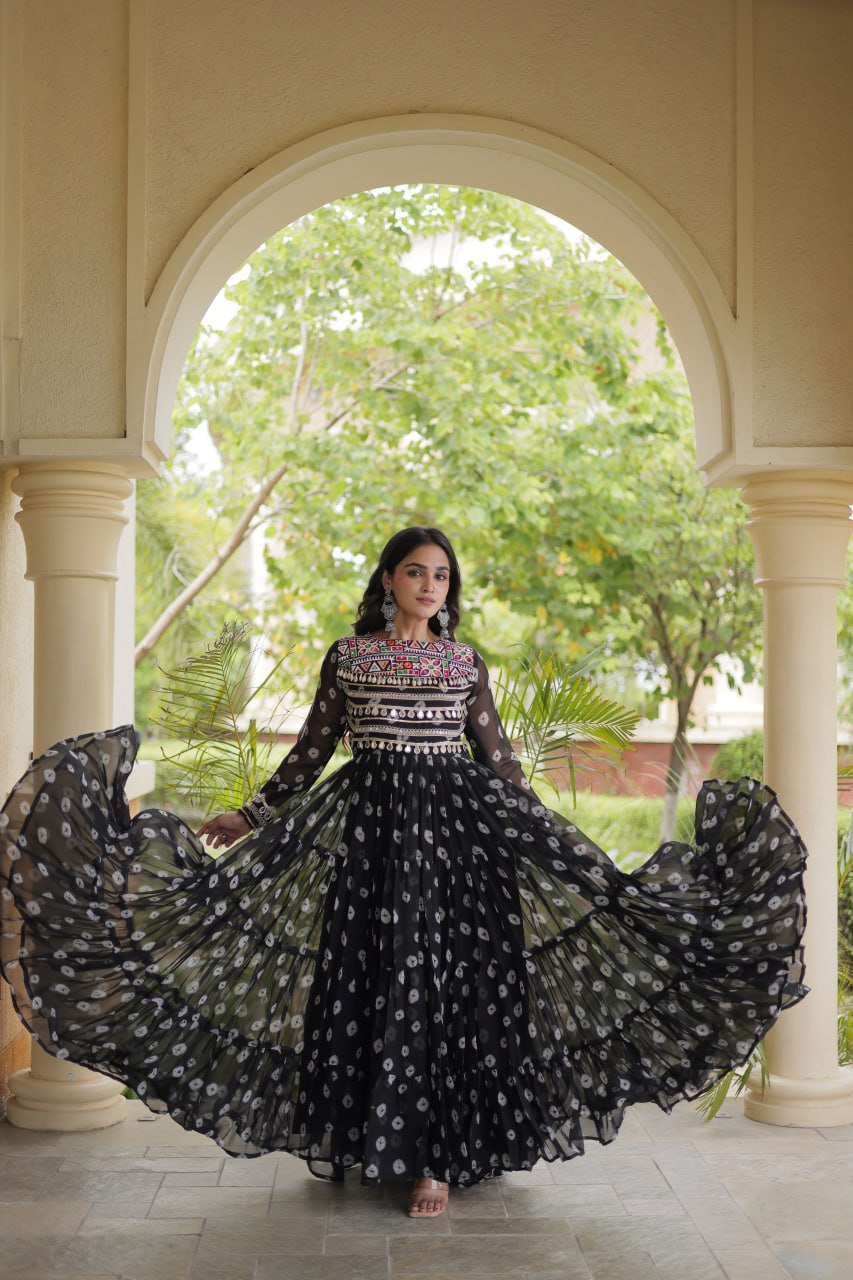 Lavanya Black Faux Georgette Bandhani Kutchi Patchwork Gown