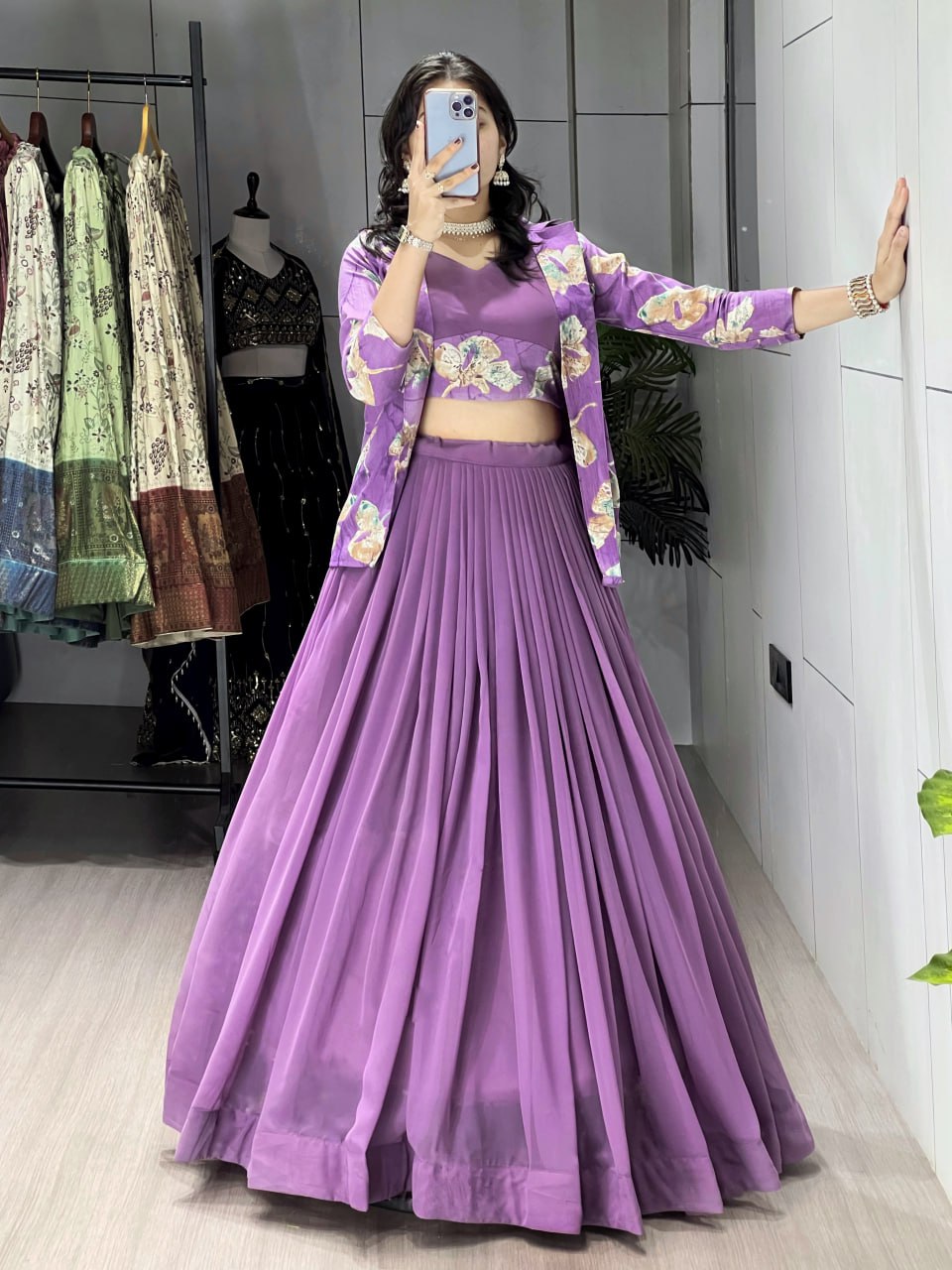 Alka Lavender Color Georgette Foil Printed Lehenga Choli with Koti
