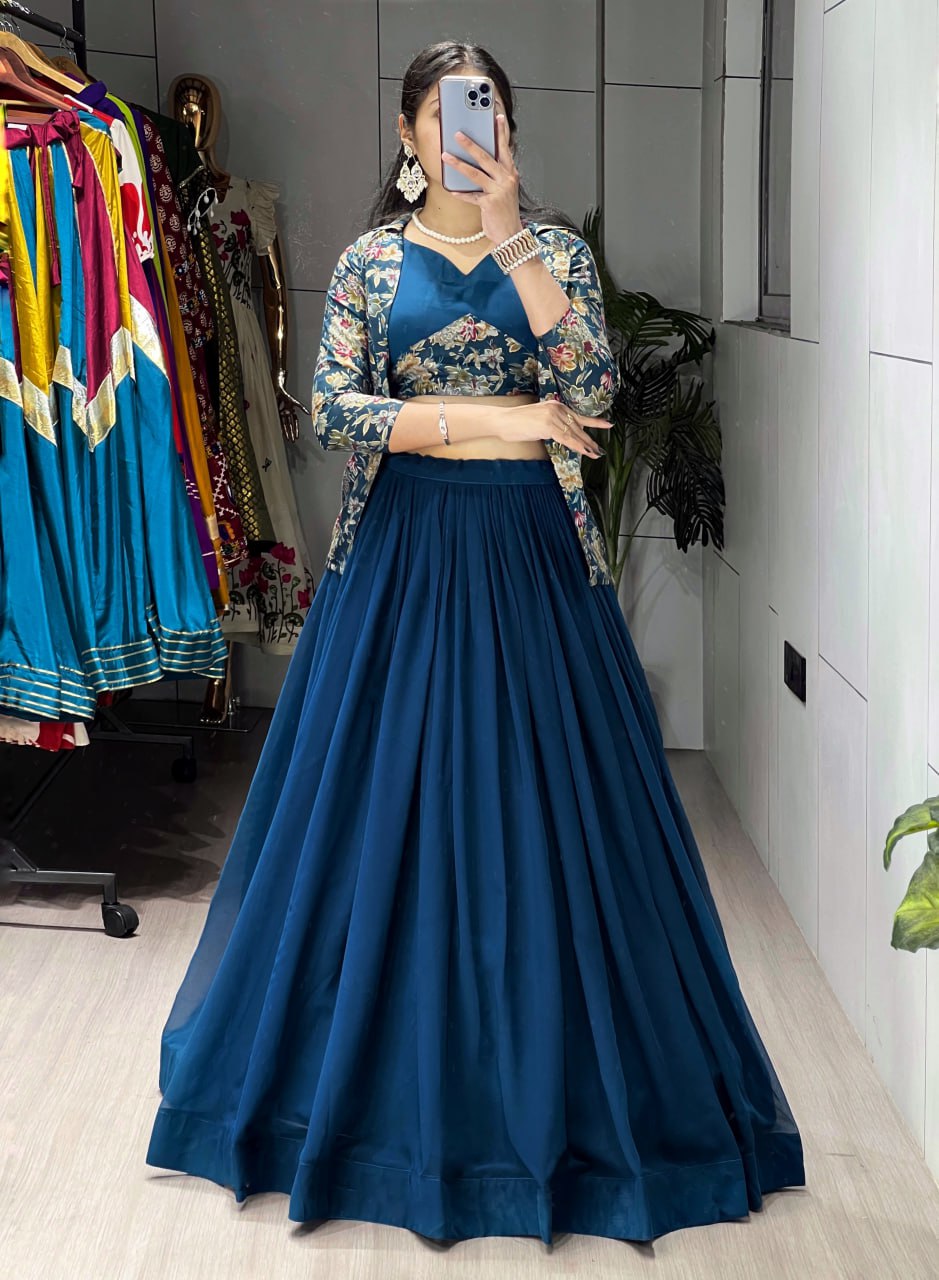 Teal blue georgette foil print lehenga choli with Chanderi koti