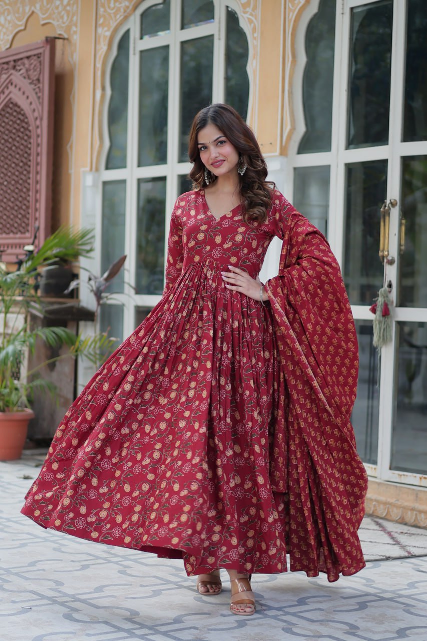 Red pure cotton Anarkali suit set for women with dupatta, breathable ethnic wear featuring block print design, flared kurta with pants and soft dupatta, ideal for daily wear, casual outings, office ethnic looks, and summer festive styles in lightweight Indian cotton fashion.