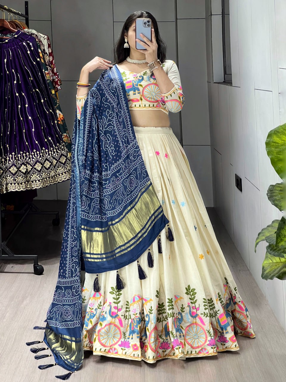 Off-White Cotton Embroidered Lehenga with Navy Blue Color Gaji Silk Dupatta