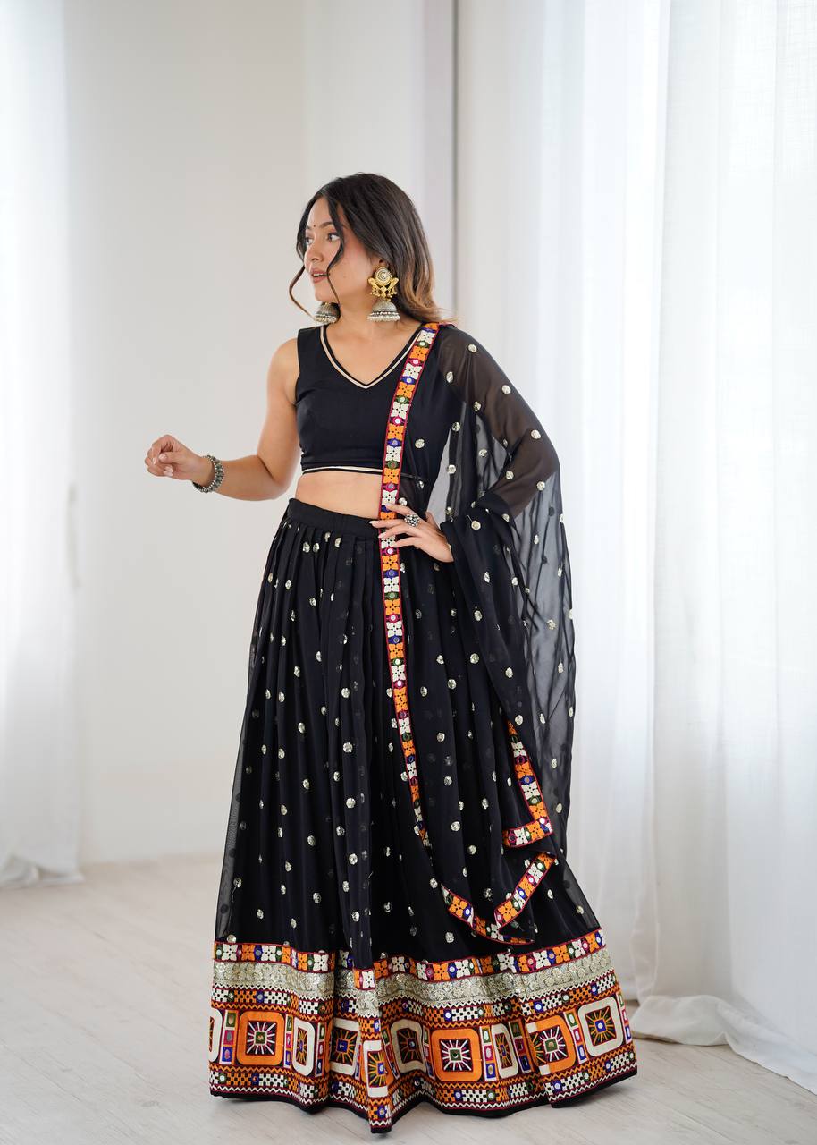 Black Georgette with Gamthi Thread Mirror Work Lehenga Choli with Dupatta