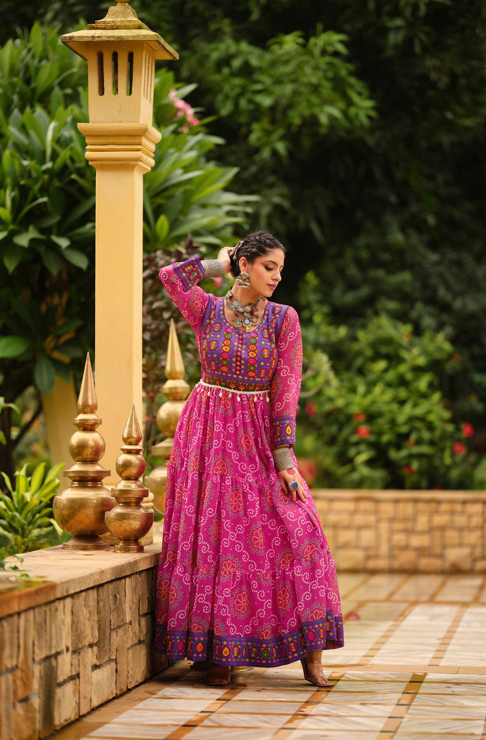 Pink Faux Georgette Gamthi Jacquard Weaving Lace Border Three Layer Ruffle Flair Gown